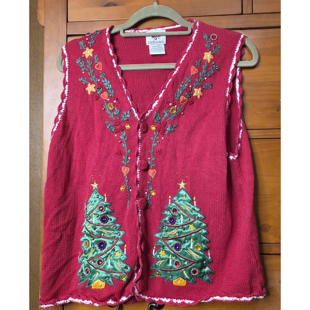 Christmas Sweater Vest Size Large Embroidered Bedazzled Tree Holiday Ugly